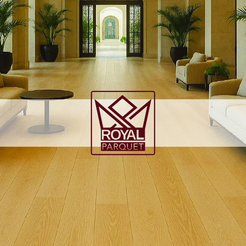 deep red royal parquet logo imposed over light wooden parquet flooring