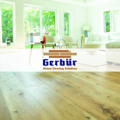 gerbur global flooring solutions logo imposed over living space with wooden floor